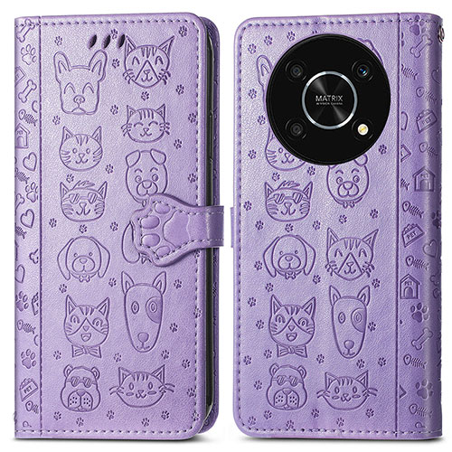 Leather Case Stands Fashionable Pattern Flip Cover Holder S03D for Huawei Honor X9 5G Purple