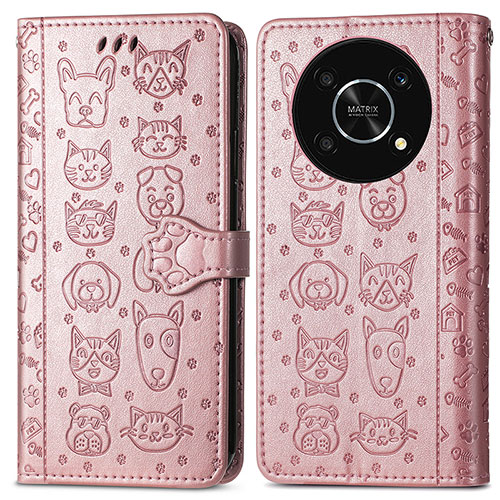 Leather Case Stands Fashionable Pattern Flip Cover Holder S03D for Huawei Honor X9 5G Rose Gold