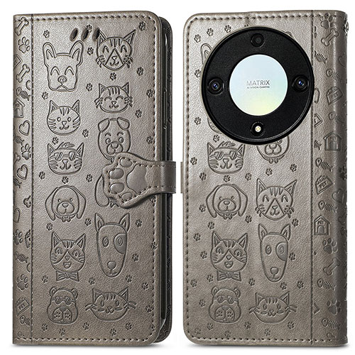 Leather Case Stands Fashionable Pattern Flip Cover Holder S03D for Huawei Honor X9a 5G Gray