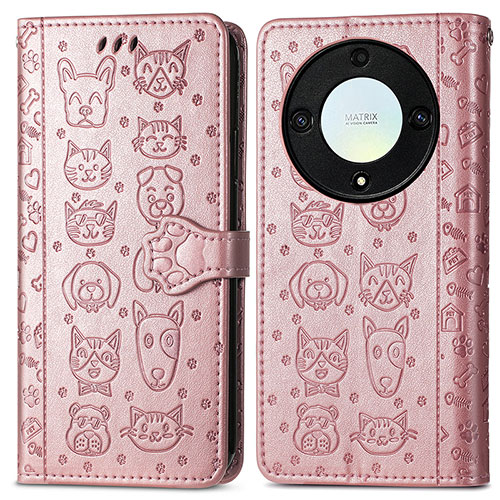 Leather Case Stands Fashionable Pattern Flip Cover Holder S03D for Huawei Honor X9a 5G Rose Gold