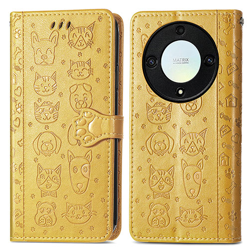 Leather Case Stands Fashionable Pattern Flip Cover Holder S03D for Huawei Honor X9a 5G Yellow