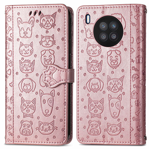 Leather Case Stands Fashionable Pattern Flip Cover Holder S03D for Huawei Nova 8i Rose Gold