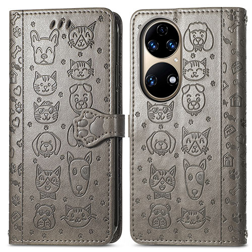 Leather Case Stands Fashionable Pattern Flip Cover Holder S03D for Huawei P50 Gray