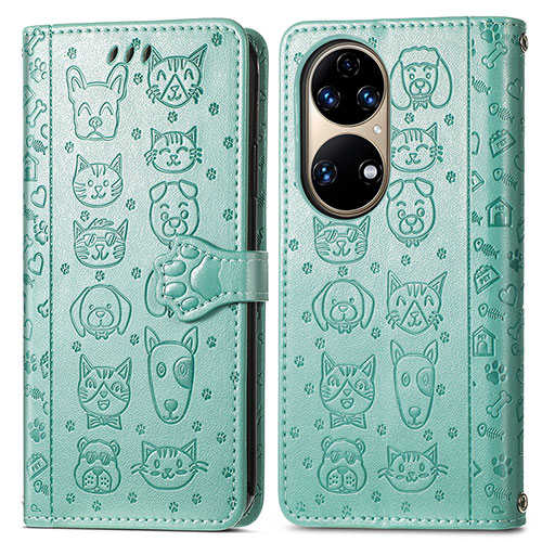 Leather Case Stands Fashionable Pattern Flip Cover Holder S03D for Huawei P50 Green