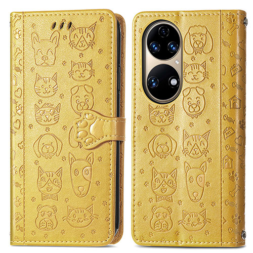 Leather Case Stands Fashionable Pattern Flip Cover Holder S03D for Huawei P50 Yellow