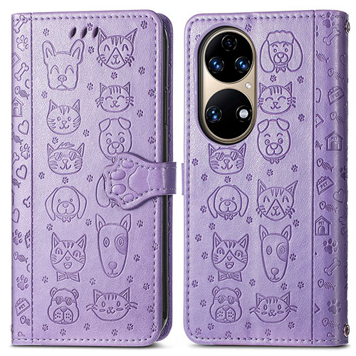 Leather Case Stands Fashionable Pattern Flip Cover Holder S03D for Huawei P50e Purple