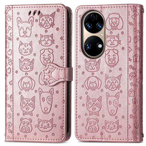 Leather Case Stands Fashionable Pattern Flip Cover Holder S03D for Huawei P50e Rose Gold