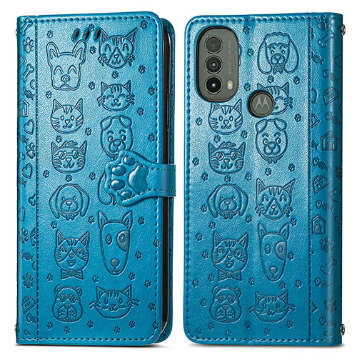 Leather Case Stands Fashionable Pattern Flip Cover Holder S03D for Motorola Moto E20 Blue