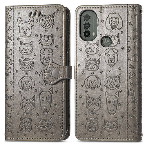 Leather Case Stands Fashionable Pattern Flip Cover Holder S03D for Motorola Moto E20 Gray