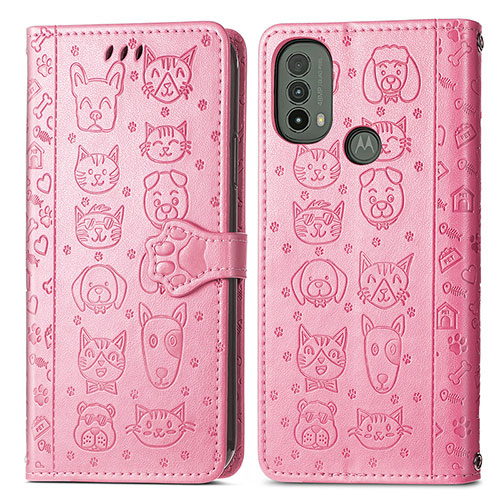 Leather Case Stands Fashionable Pattern Flip Cover Holder S03D for Motorola Moto E20 Pink