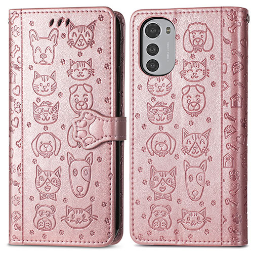 Leather Case Stands Fashionable Pattern Flip Cover Holder S03D for Motorola Moto E32 Rose Gold