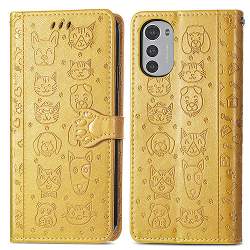 Leather Case Stands Fashionable Pattern Flip Cover Holder S03D for Motorola Moto E32 Yellow