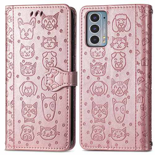 Leather Case Stands Fashionable Pattern Flip Cover Holder S03D for Motorola Moto Edge 20 5G Rose Gold