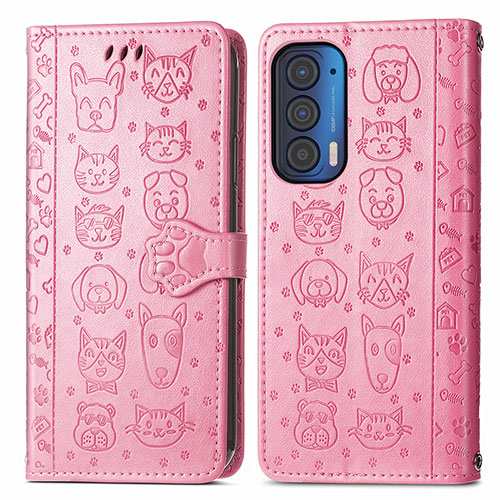 Leather Case Stands Fashionable Pattern Flip Cover Holder S03D for Motorola Moto Edge (2021) 5G Pink