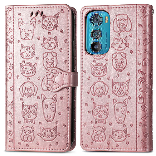 Leather Case Stands Fashionable Pattern Flip Cover Holder S03D for Motorola Moto Edge 30 5G Rose Gold