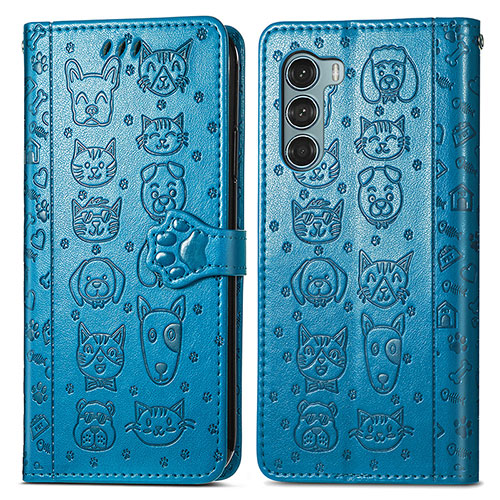 Leather Case Stands Fashionable Pattern Flip Cover Holder S03D for Motorola Moto G200 5G Blue