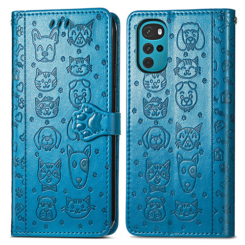 Leather Case Stands Fashionable Pattern Flip Cover Holder S03D for Motorola Moto G22 Blue