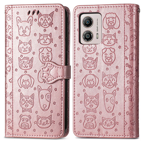 Leather Case Stands Fashionable Pattern Flip Cover Holder S03D for Motorola Moto G53 5G Rose Gold