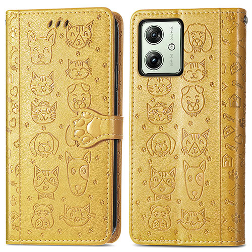 Leather Case Stands Fashionable Pattern Flip Cover Holder S03D for Motorola Moto G54 5G Yellow