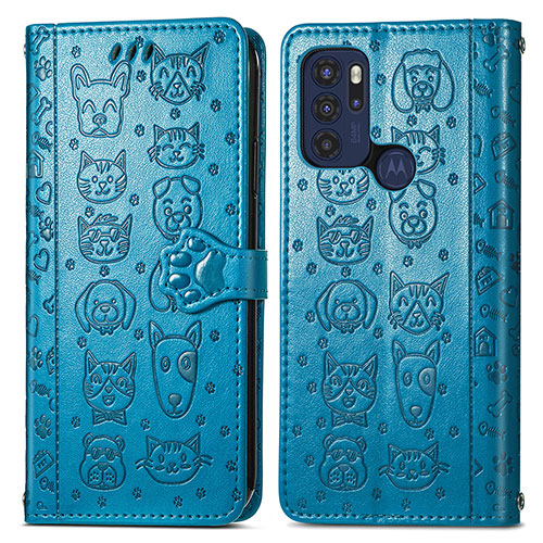 Leather Case Stands Fashionable Pattern Flip Cover Holder S03D for Motorola Moto G60s Blue