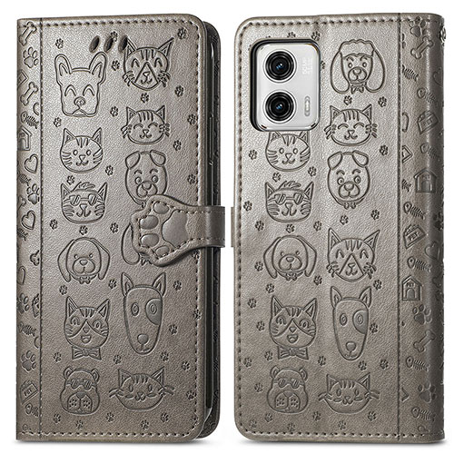 Leather Case Stands Fashionable Pattern Flip Cover Holder S03D for Motorola Moto G73 5G Gray