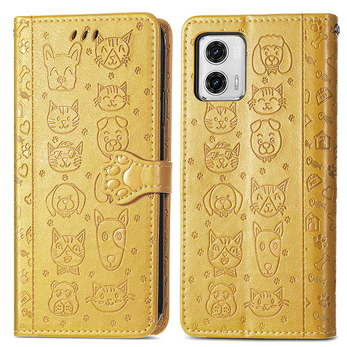 Leather Case Stands Fashionable Pattern Flip Cover Holder S03D for Motorola Moto G73 5G Yellow