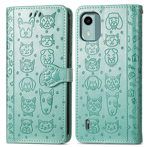 Leather Case Stands Fashionable Pattern Flip Cover Holder S03D for Nokia C12 Green