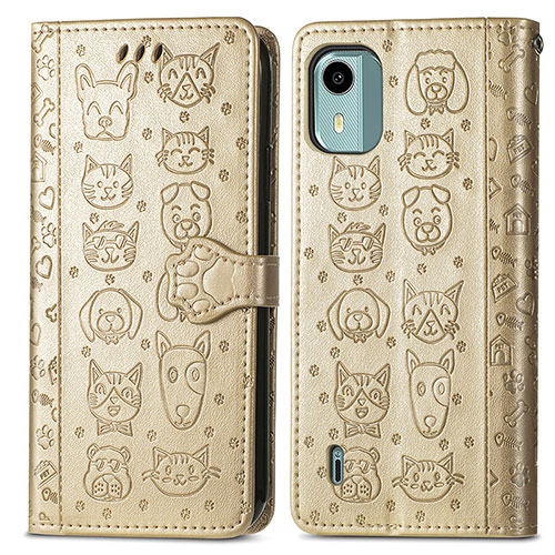 Leather Case Stands Fashionable Pattern Flip Cover Holder S03D for Nokia C12 Plus Gold