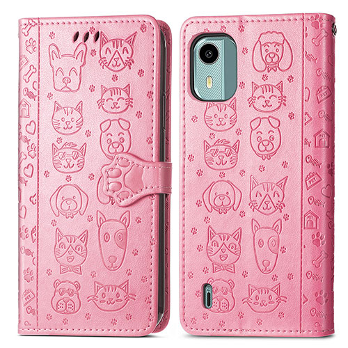 Leather Case Stands Fashionable Pattern Flip Cover Holder S03D for Nokia C12 Plus Pink