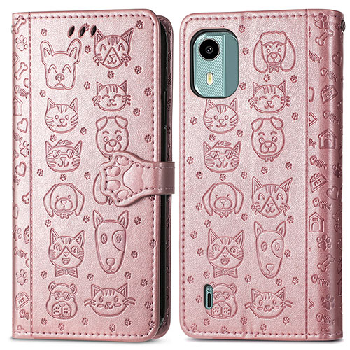 Leather Case Stands Fashionable Pattern Flip Cover Holder S03D for Nokia C12 Plus Rose Gold