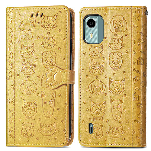 Leather Case Stands Fashionable Pattern Flip Cover Holder S03D for Nokia C12 Pro Yellow