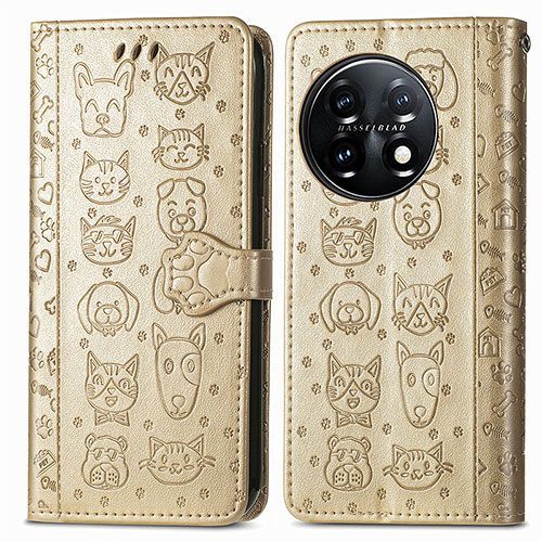 Leather Case Stands Fashionable Pattern Flip Cover Holder S03D for OnePlus 11 5G Gold