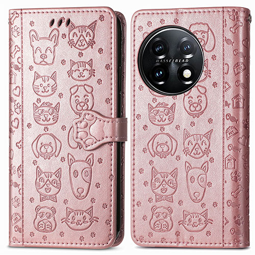 Leather Case Stands Fashionable Pattern Flip Cover Holder S03D for OnePlus 11 5G Rose Gold