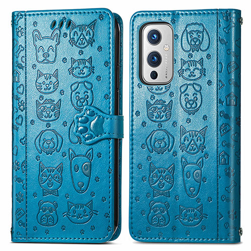 Leather Case Stands Fashionable Pattern Flip Cover Holder S03D for OnePlus 9 5G Blue