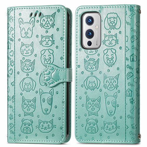 Leather Case Stands Fashionable Pattern Flip Cover Holder S03D for OnePlus 9 5G Green