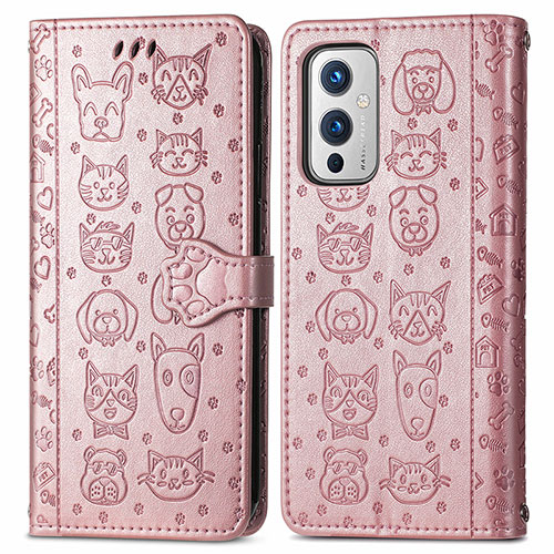 Leather Case Stands Fashionable Pattern Flip Cover Holder S03D for OnePlus 9 5G Rose Gold