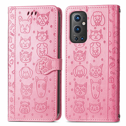 Leather Case Stands Fashionable Pattern Flip Cover Holder S03D for OnePlus 9 Pro 5G Pink