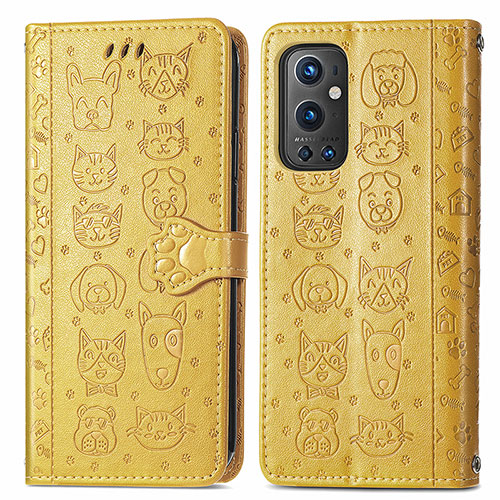 Leather Case Stands Fashionable Pattern Flip Cover Holder S03D for OnePlus 9 Pro 5G Yellow