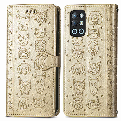 Leather Case Stands Fashionable Pattern Flip Cover Holder S03D for OnePlus 9R 5G Gold