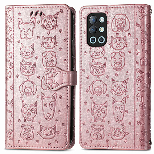 Leather Case Stands Fashionable Pattern Flip Cover Holder S03D for OnePlus 9R 5G Rose Gold