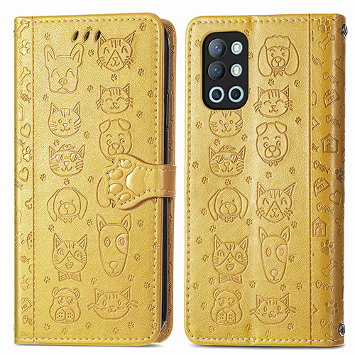 Leather Case Stands Fashionable Pattern Flip Cover Holder S03D for OnePlus 9R 5G Yellow