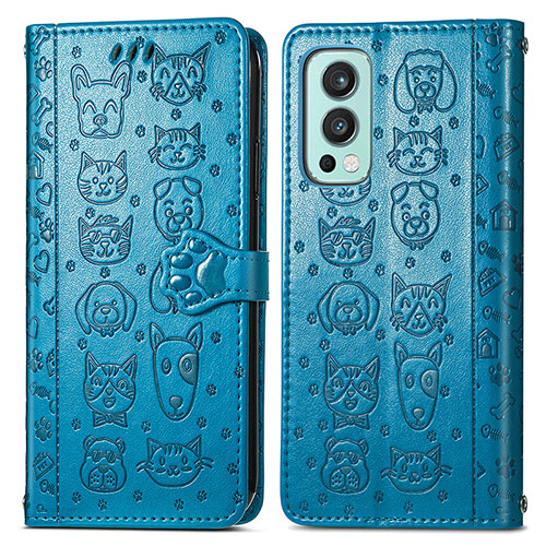 Leather Case Stands Fashionable Pattern Flip Cover Holder S03D for OnePlus Nord 2 5G Blue