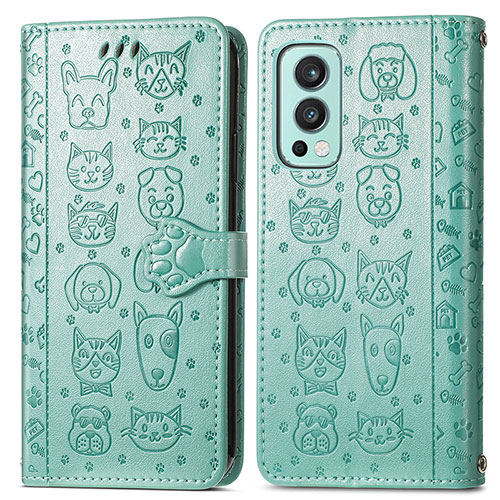 Leather Case Stands Fashionable Pattern Flip Cover Holder S03D for OnePlus Nord 2 5G Green