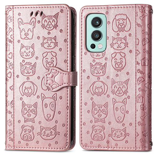 Leather Case Stands Fashionable Pattern Flip Cover Holder S03D for OnePlus Nord 2 5G Rose Gold