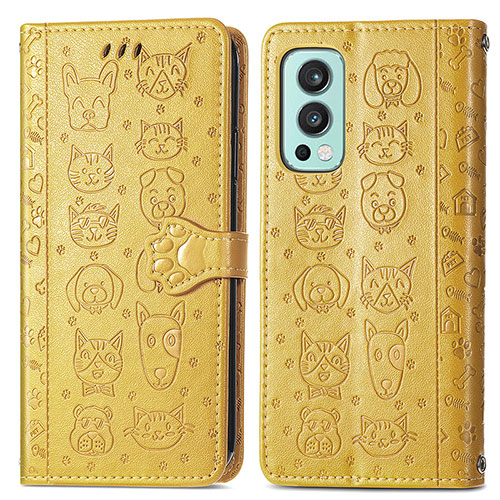 Leather Case Stands Fashionable Pattern Flip Cover Holder S03D for OnePlus Nord 2 5G Yellow