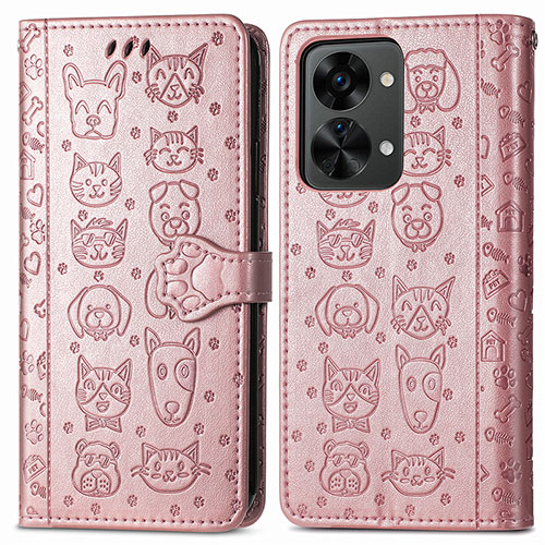 Leather Case Stands Fashionable Pattern Flip Cover Holder S03D for OnePlus Nord 2T 5G Rose Gold