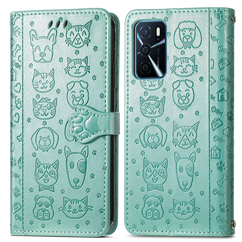 Leather Case Stands Fashionable Pattern Flip Cover Holder S03D for Oppo A16s Green