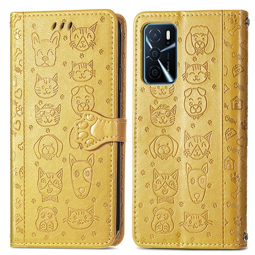Leather Case Stands Fashionable Pattern Flip Cover Holder S03D for Oppo A16s Yellow
