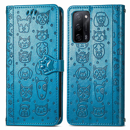 Leather Case Stands Fashionable Pattern Flip Cover Holder S03D for Oppo A53s 5G Blue