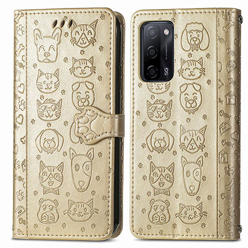 Leather Case Stands Fashionable Pattern Flip Cover Holder S03D for Oppo A53s 5G Gold